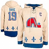 Quebec Nordiques #19 Joe Sakic Cream All Stitched Hooded Sweatshirt,baseball caps,new era cap wholesale,wholesale hats